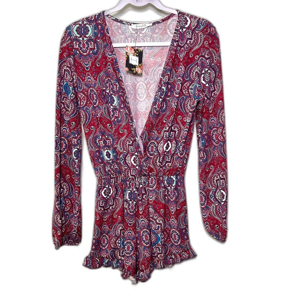 NWT Honey Belle Burgundy Paige Paisley Festival Romper Small